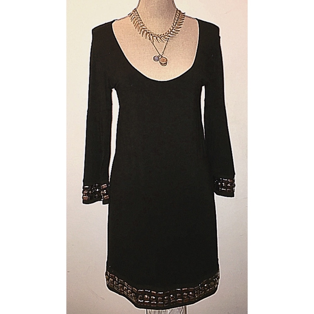 Jeweled Black Cocktail Mini Dress w Bell Sleeve